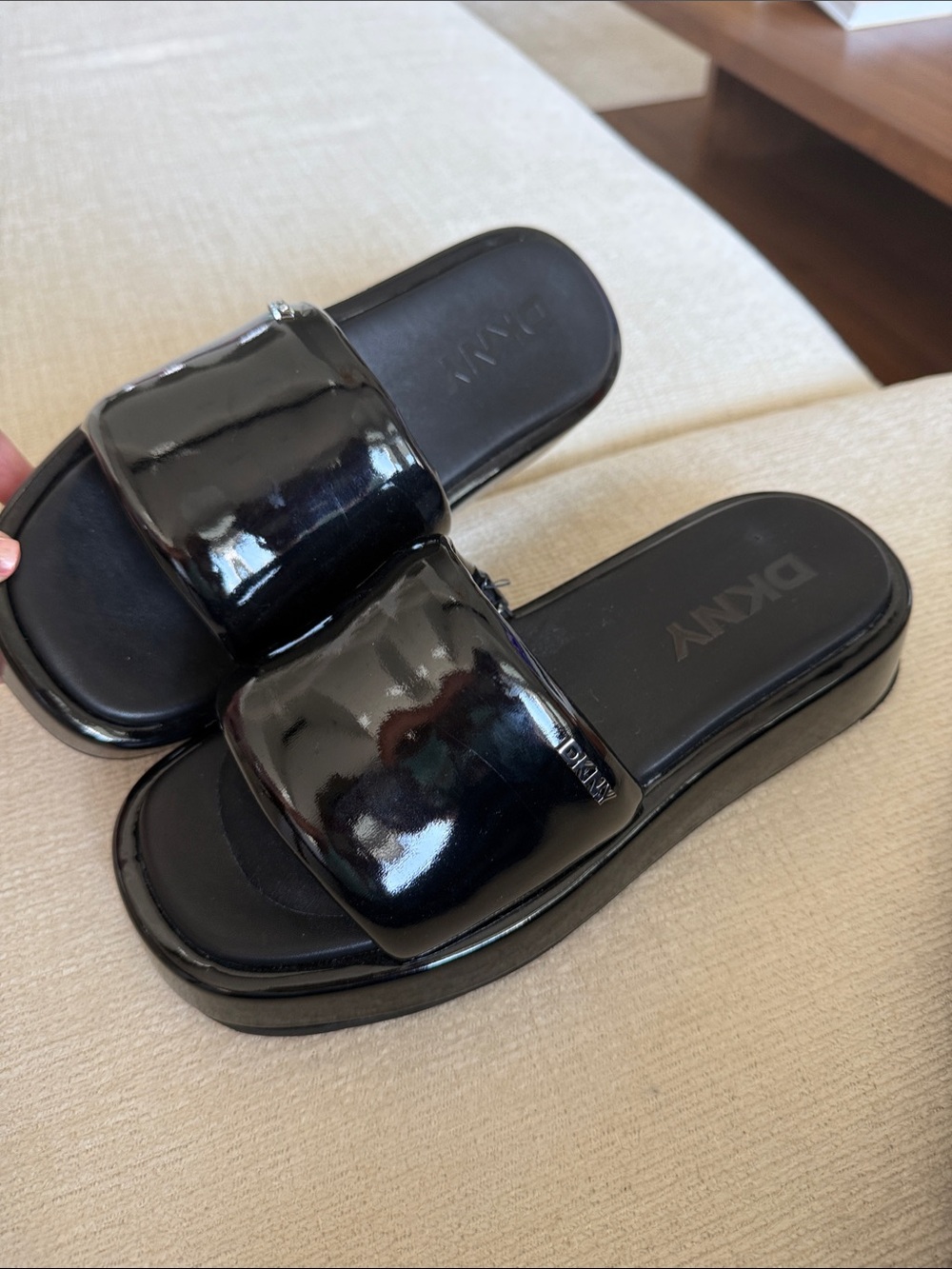 DKNY Black Patent Slide Mules